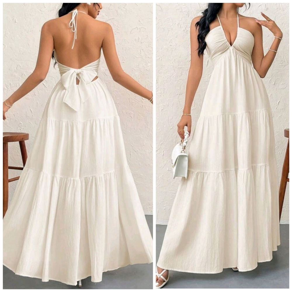 New Boho Halter Tie Back Tiered Maxi Dress Beige Cream Tan
